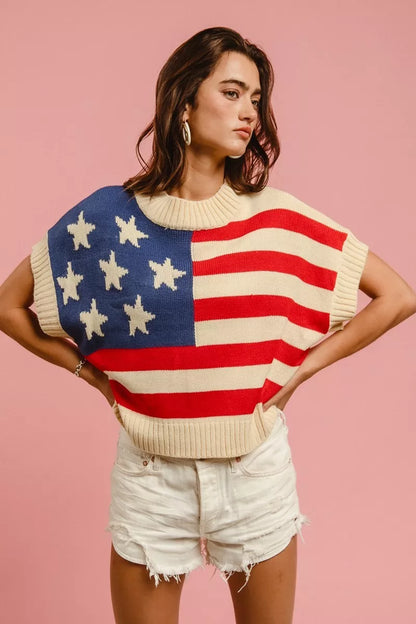 Star Patches American Flag Sleeveless Knit Sweater — Patriotic Festive Cozy Statement Style - Sweaters