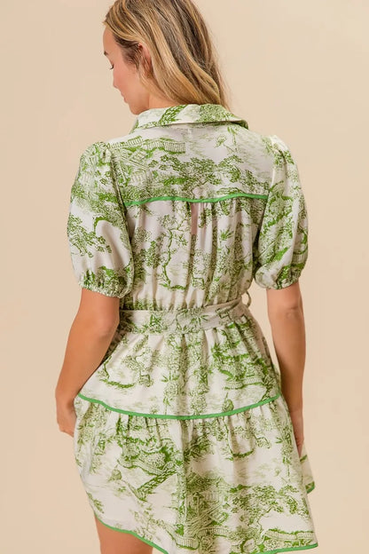Woven Printed Tiered Mini Dress – outfit idea for women | Ro + Ivy