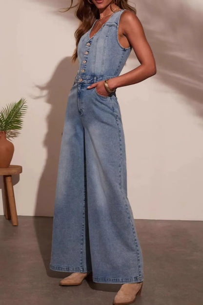 V-Neck Wide Leg Denim Jumpsuit - Jumpsuits