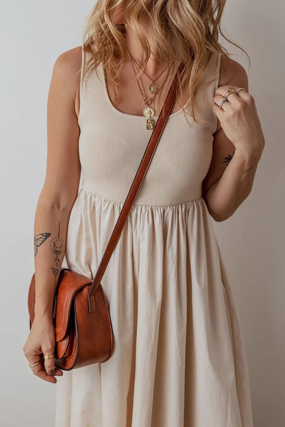 Women's Scoop Neck Ribbed Bodice Sleeveless Midi Tank Dress - Midi Dresses
