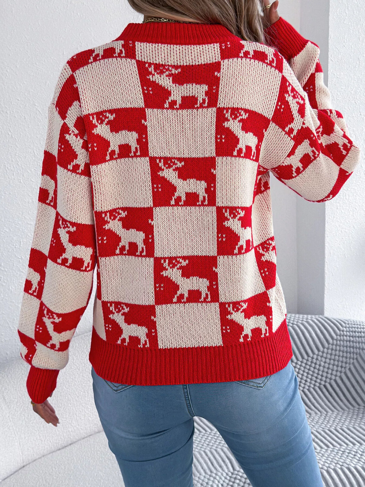Reindeer Checkerboard Pattern Pullover Sweater