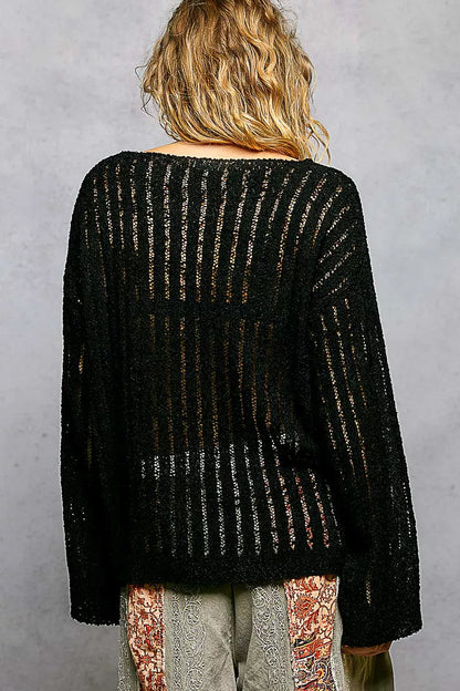 Round Neck Long Sleeve Open Weave Pullover Sweater — Breathable Textured Casual Everyday Style - Sweaters