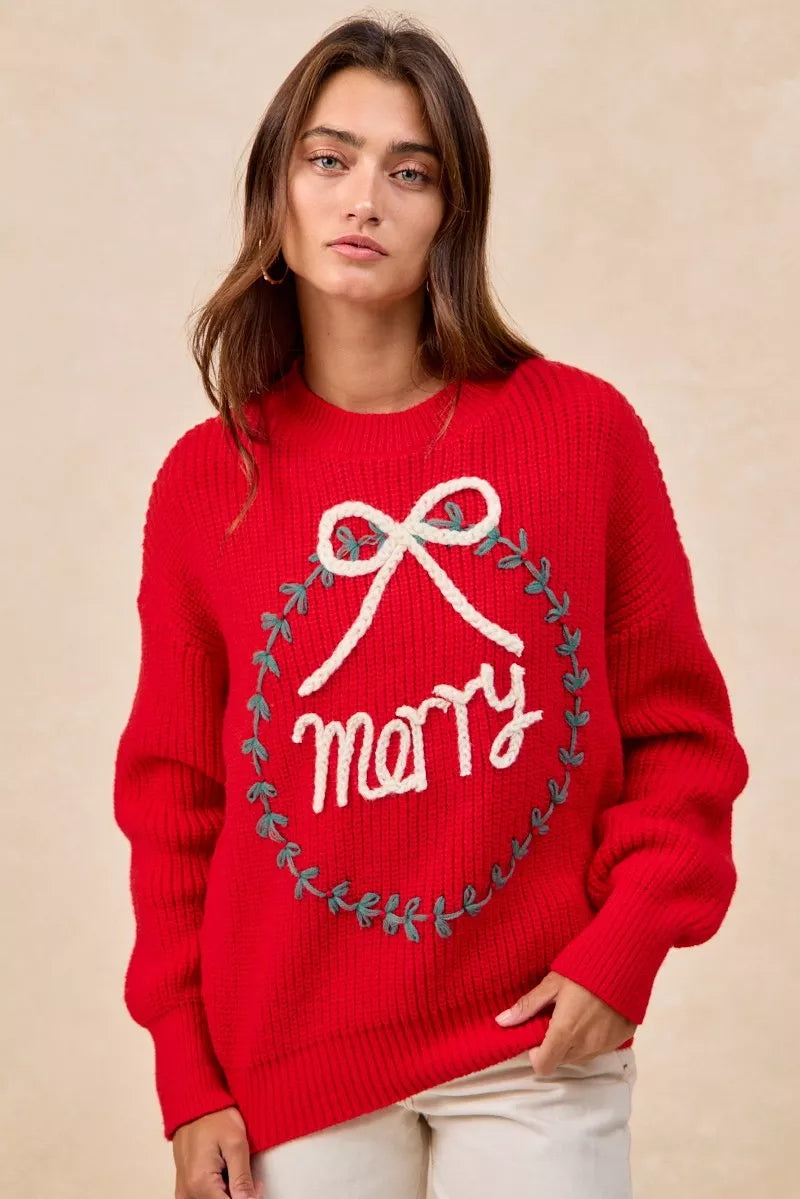 "Merry" Lettering Christmas Wreath Crewneck Sweater | Trendy Sweaters Outfit Idea for Women by Ro + Ivy | Elevated Basics, Modern Comfort & Style
