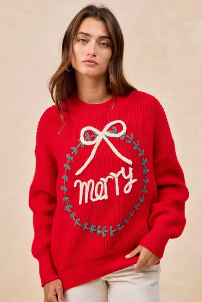 "Merry" Lettering Christmas Wreath Crewneck Sweater | Trendy Sweaters Outfit Idea for Women by Ro + Ivy | Elevated Basics, Modern Comfort & Style