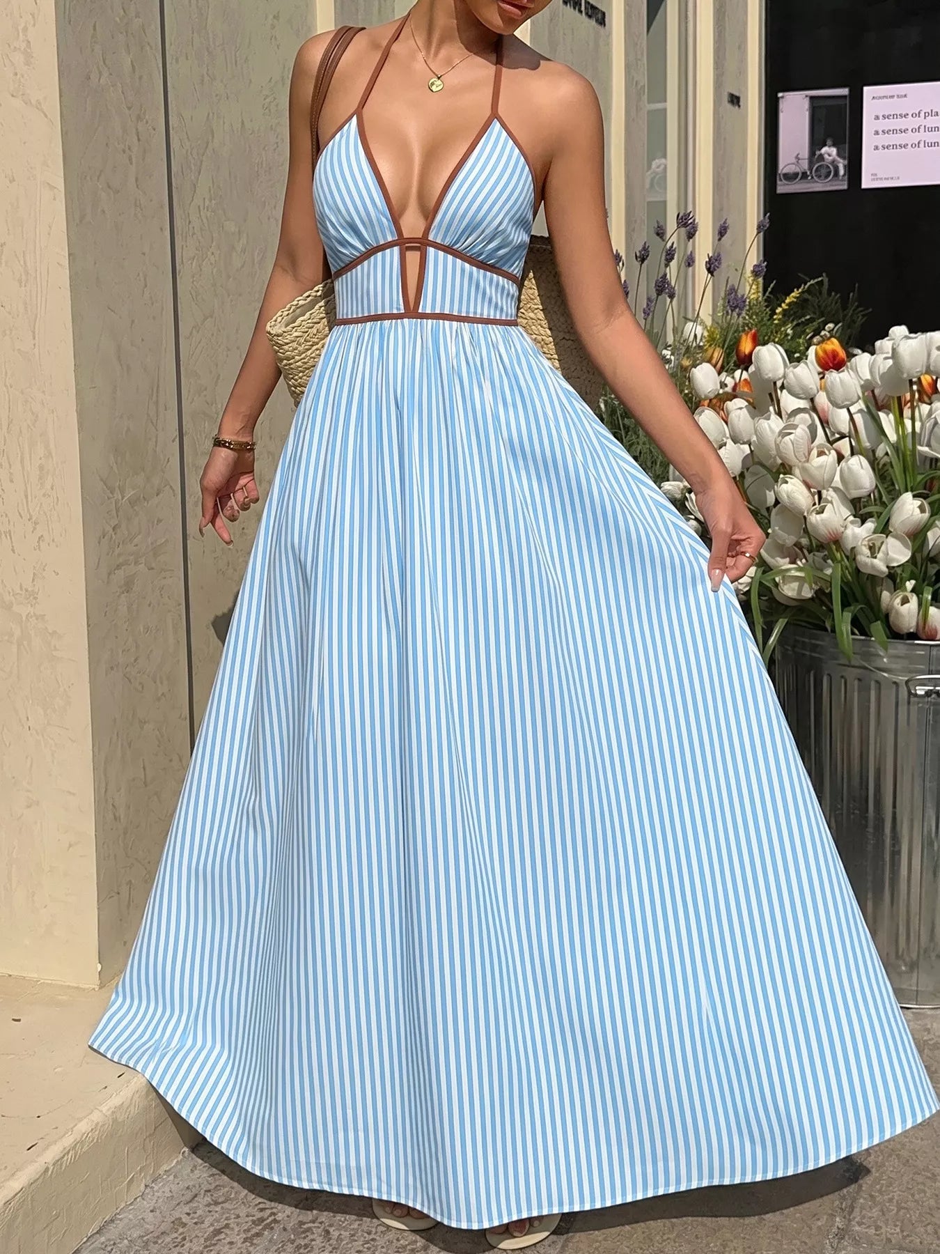 Women's Smocked Striped Halter Neck Maxi Dress - Maxi Dresses
