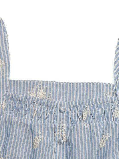 Women's Striped Embroidered Ruffle Sleeve Blouse - Blouses
