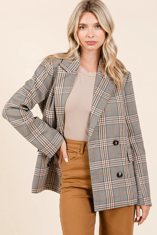 Plaid Double Breasted Relaxed Fit Blazer – BROWN COMBO outfit idea for women | Ro + Ivy