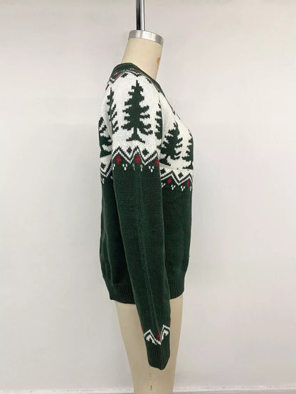 Christmas Tree Pattern Round Neck Stretch Knit Sweater