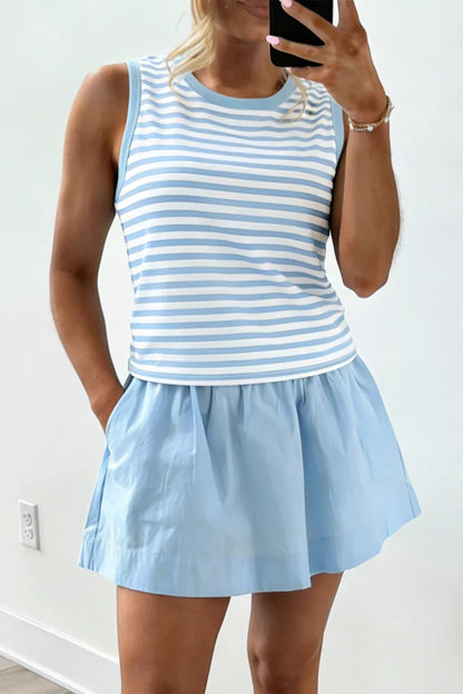 Women's Striped Slim Tank Contrast Ruffle Mini Skort Set - Matching Sets