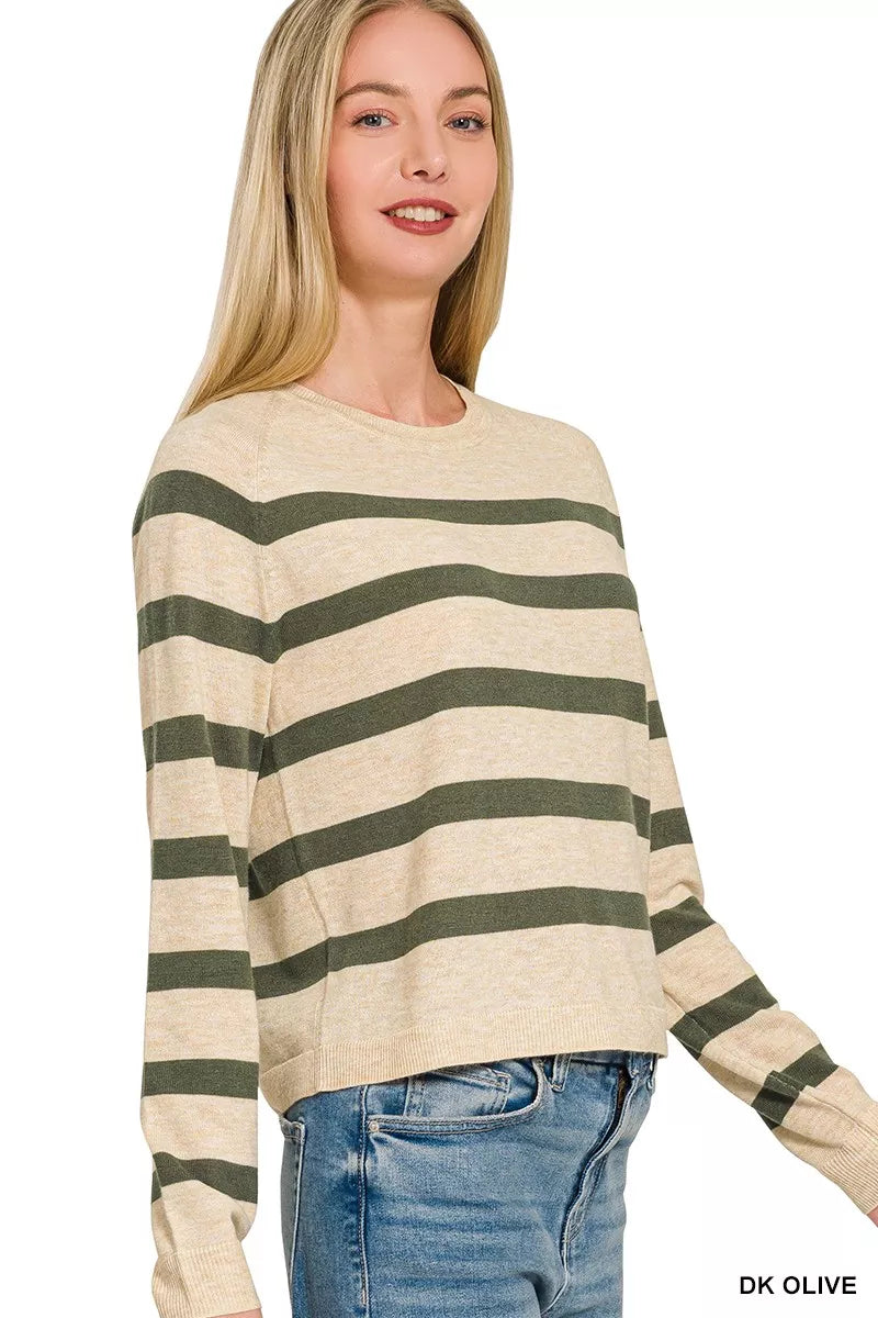 Lightweight Wool Blend Striped Round Neck Pullover Sweater — Soft Warm Timeless Everyday Style - Sweaters