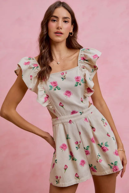 Floral Print Denim Cut-Out Waist Ruffled Romper — Playful Feminine Casual Sunny Style - Rompers