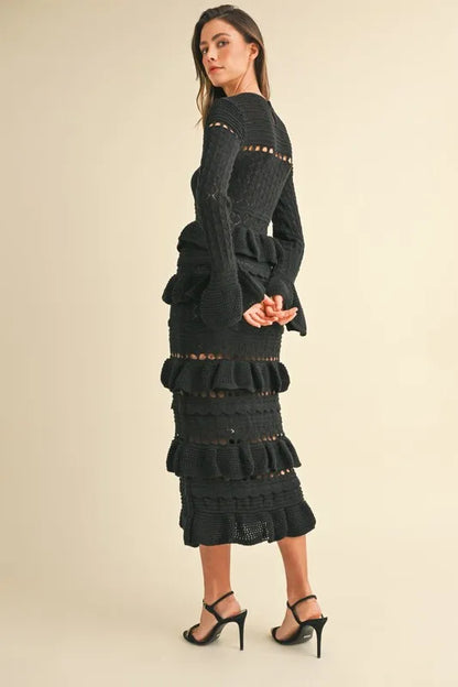Long Sleeve Tiered Ruffle Knit Midi Dress – outfit idea for women | Ro + Ivy