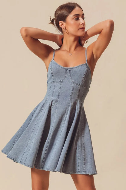 A Line Fit And Flare Denim Bow Ties Mini Dress | Trendy Mini Dresses Outfit Idea for Women by Ro + Ivy | Elevated Basics, Modern Comfort & Style