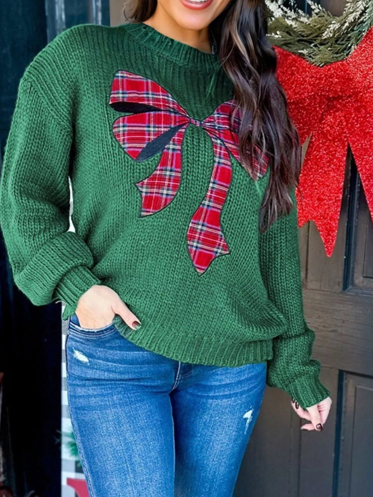 Plaid Bow Appliqué Christmas Knit Sweater