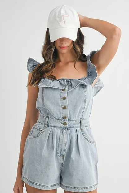Off Shoulder Ruffle Detail Denim Romper - Rompers
