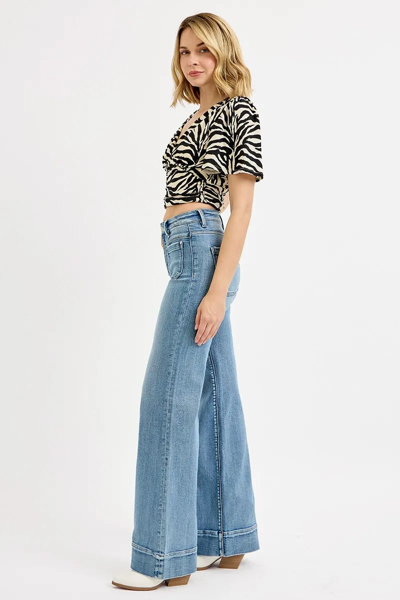 Full Size High Rise Wide Flare Patch Pocket Jeans Plus Size – outfit idea for women | Ro + Ivy