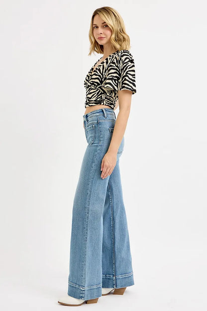 Full Size High Rise Wide Flare Patch Pocket Jeans Plus Size – outfit idea for women | Ro + Ivy