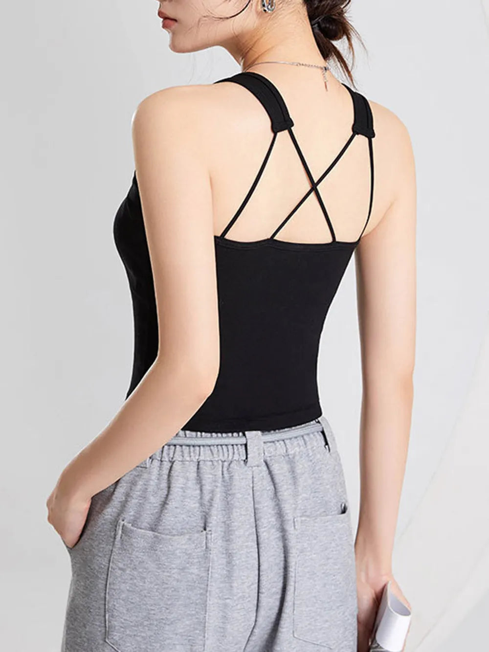 Women's Crisscross Scoop Neck Wide Strap Cropped Tank, Built-In Chest Pads - Crop Tops