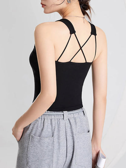 Women's Crisscross Scoop Neck Wide Strap Cropped Tank, Built-In Chest Pads - Crop Tops