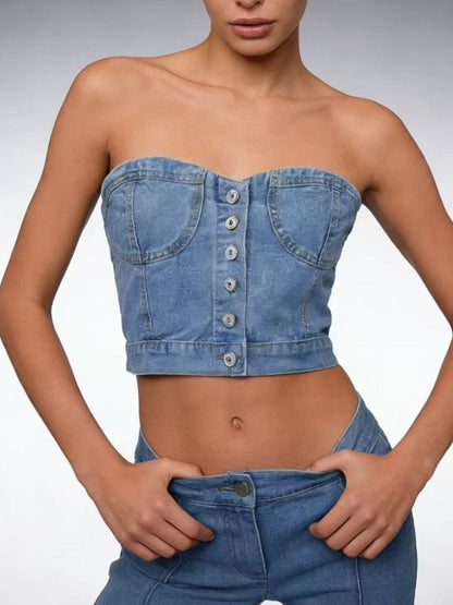 Button-Front Denim Tube Top - Tops