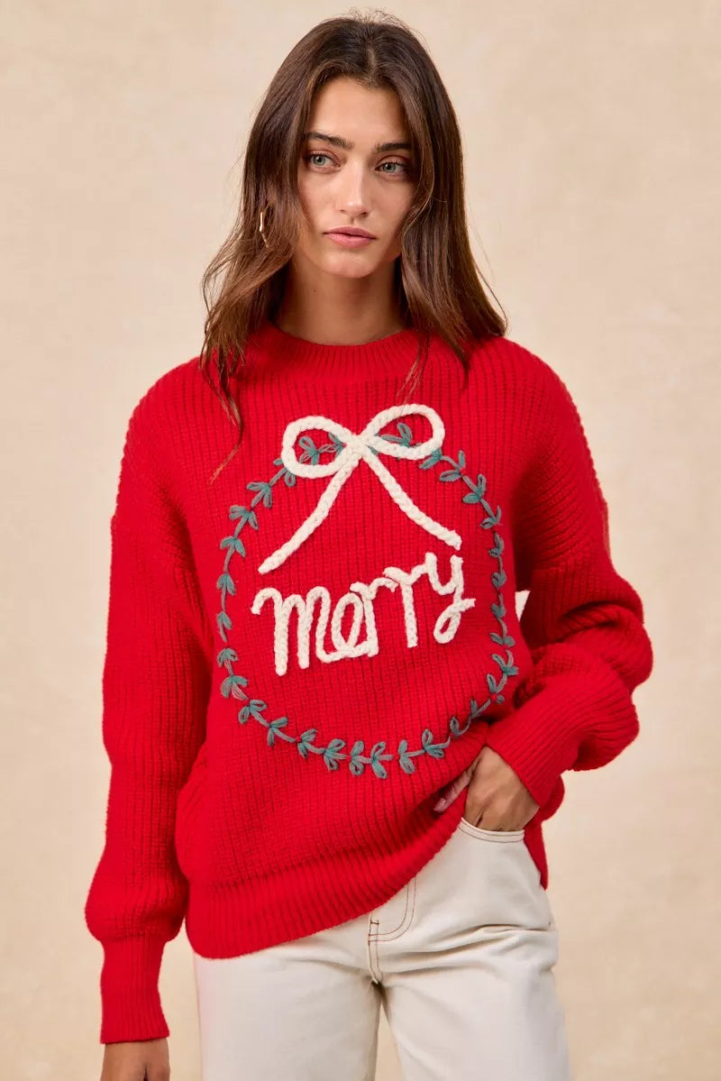 "Merry" Lettering Christmas Wreath Crewneck Sweater | Trendy Sweaters Outfit Idea for Women by Ro + Ivy | Elevated Basics, Modern Comfort & Style