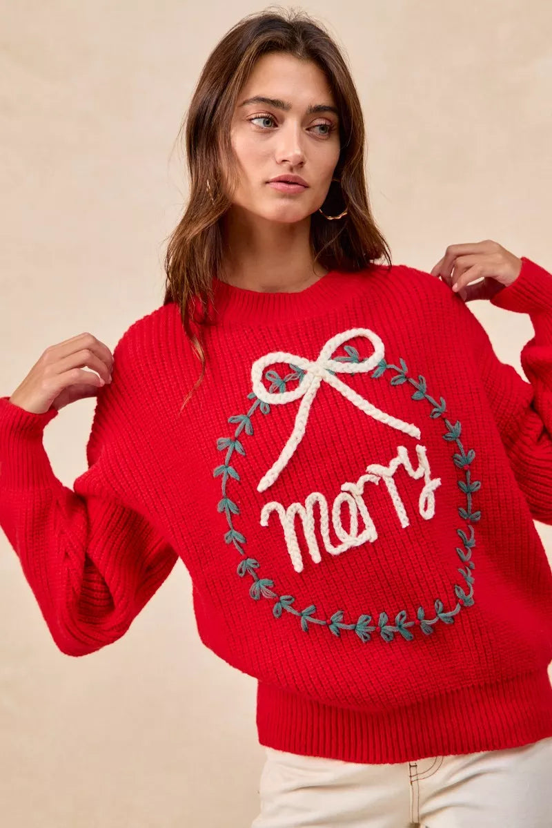 "Merry" Lettering Christmas Wreath Crewneck Sweater | Trendy Sweaters Outfit Idea for Women by Ro + Ivy | Elevated Basics, Modern Comfort & Style