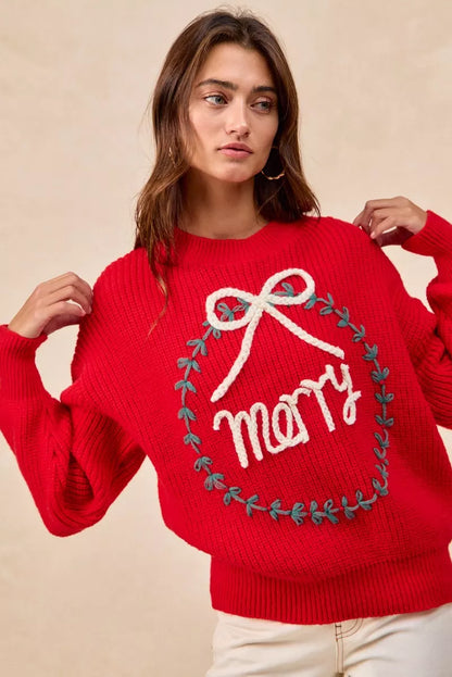 "Merry" Lettering Christmas Wreath Crewneck Sweater | Trendy Sweaters Outfit Idea for Women by Ro + Ivy | Elevated Basics, Modern Comfort & Style