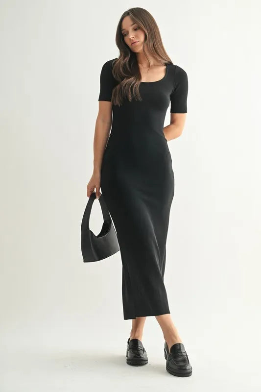 Round Neck Soft Drape Active Maxi Dress - BLACK Active Dresses