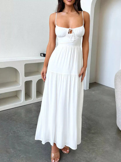 Lace Up Back Maxi Cami Tiered Dress - White Maxi Dresses