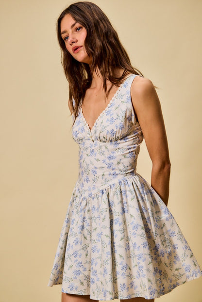 Fit And Flare Floral Print V Neck Cotton Mini Dress - Mini Dresses