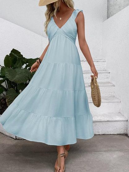 Women's Flowy V-Neck Tiered Maxi Dress with Flutter Sleeves - Maxi Dresses