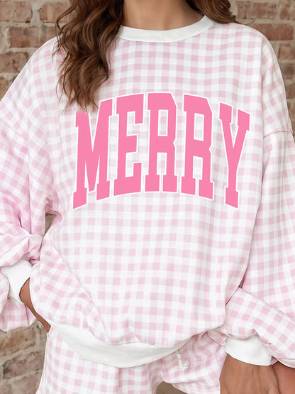 Plaid Merry Lettering Two-Piece Lounge Set with Long-Sleeve Top and Drawstring Shorts