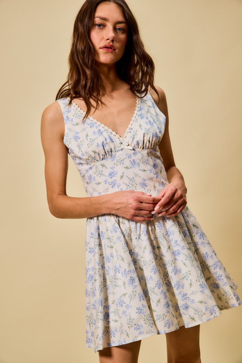 Fit And Flare Floral Print V Neck Cotton Mini Dress - Mini Dresses