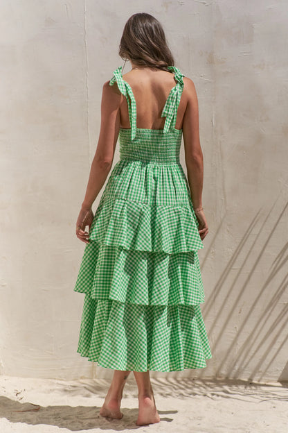 Full Size Sleeveless Gingham Print Tiered Midi Dress Plus Size – outfit idea for women | Ro + Ivy