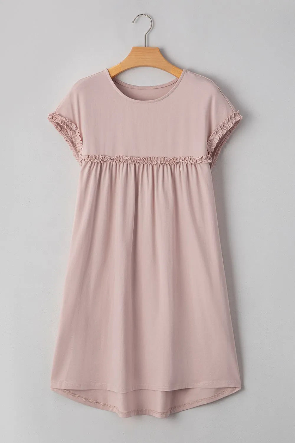 Frilled Trim Crew Neck Short Sleeve Loose Mini Dress - Mini Dresses