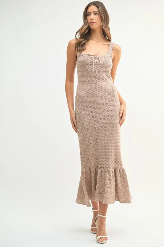 Ruffled Hem Sleeveless Crochet Knit Midi Dress in Mocha – outfit idea for women | Ro + Ivy