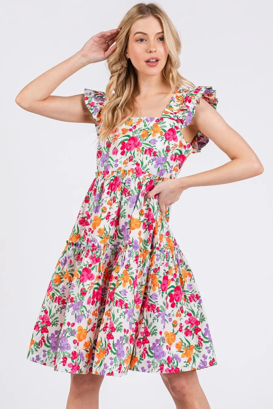 Flower Print Ruffle Shoulder A-Line Mini Dress – outfit idea for women | Ro + Ivy
