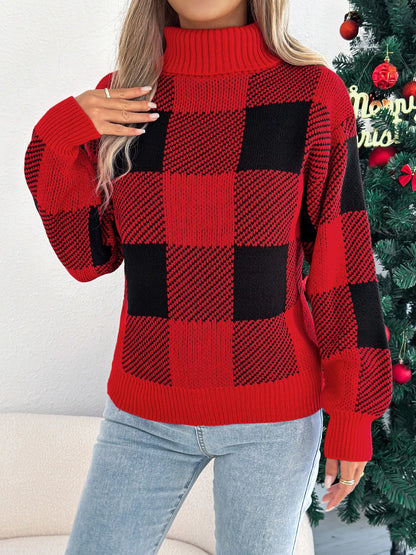 Christmas Plaid Long-Sleeve Turtleneck Knit Sweater