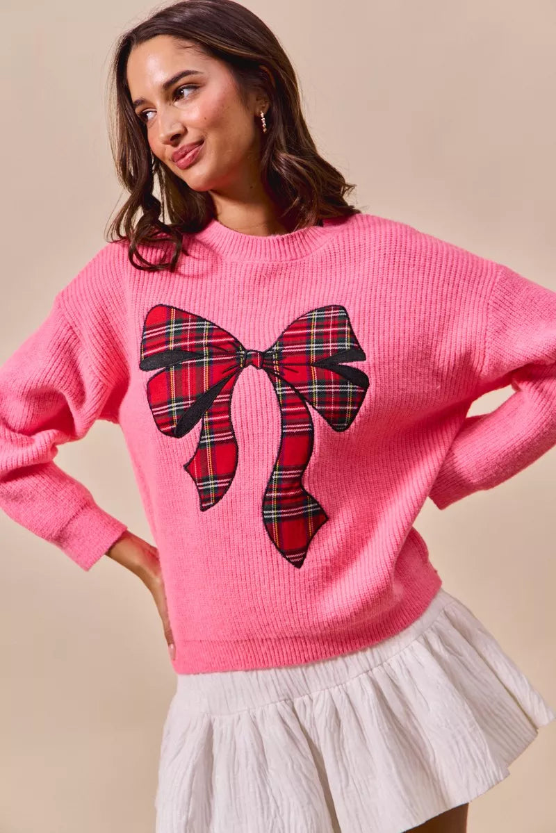 Plaid Bow Christmas Crewneck Holiday Sweater | Trendy Sweaters Outfit Idea for Women by Ro + Ivy | Elevated Basics, Modern Comfort & Style