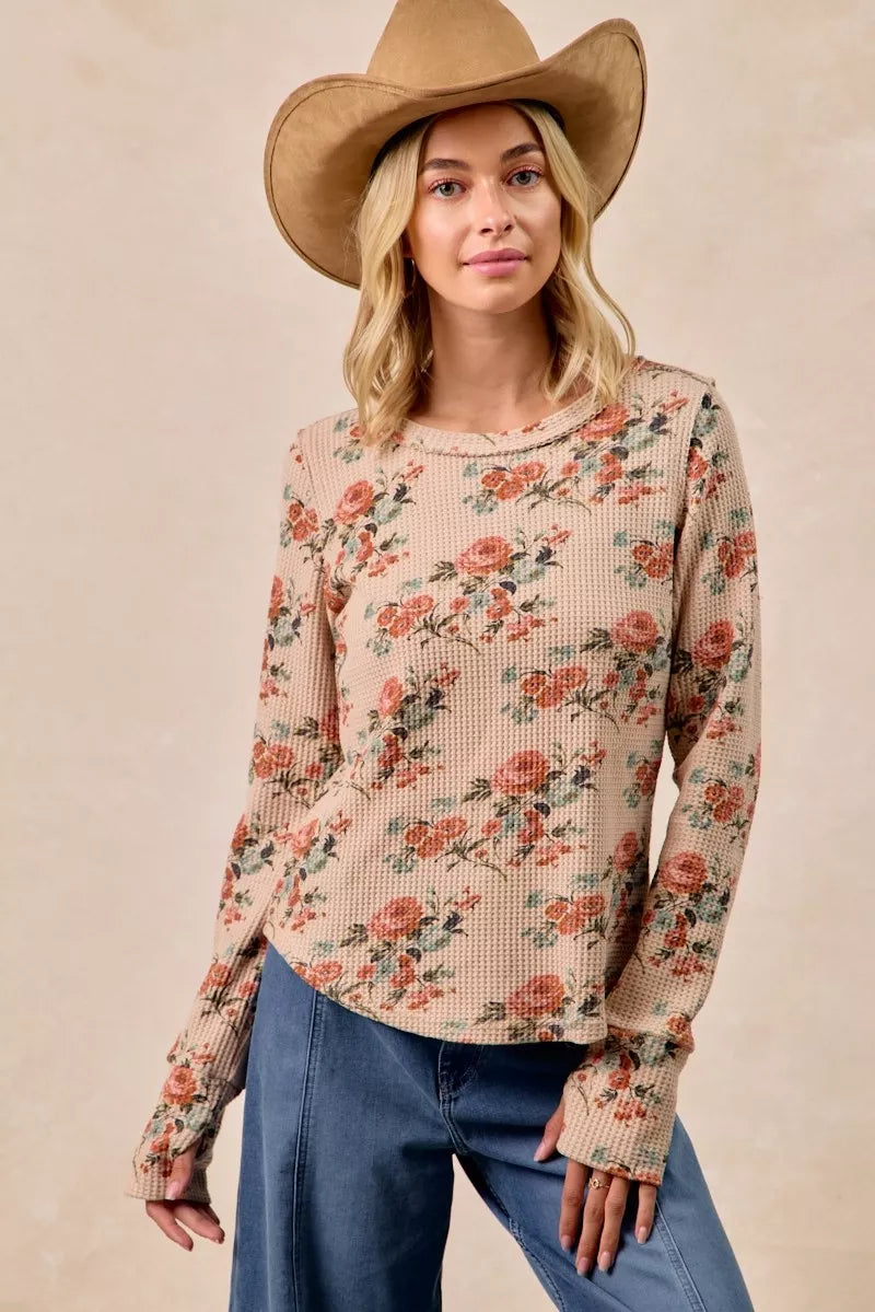 TAUPE Taupe Washed Floral Long Sleeve Waffle Thermal Top with Sleeve Thumb Hole | Trendy Tops Outfit Idea for Women by Ro + Ivy | Elevated Basics, Modern Comfort & Style
