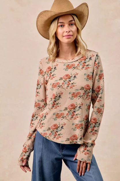 TAUPE Taupe Washed Floral Long Sleeve Waffle Thermal Top with Sleeve Thumb Hole | Trendy Tops Outfit Idea for Women by Ro + Ivy | Elevated Basics, Modern Comfort & Style