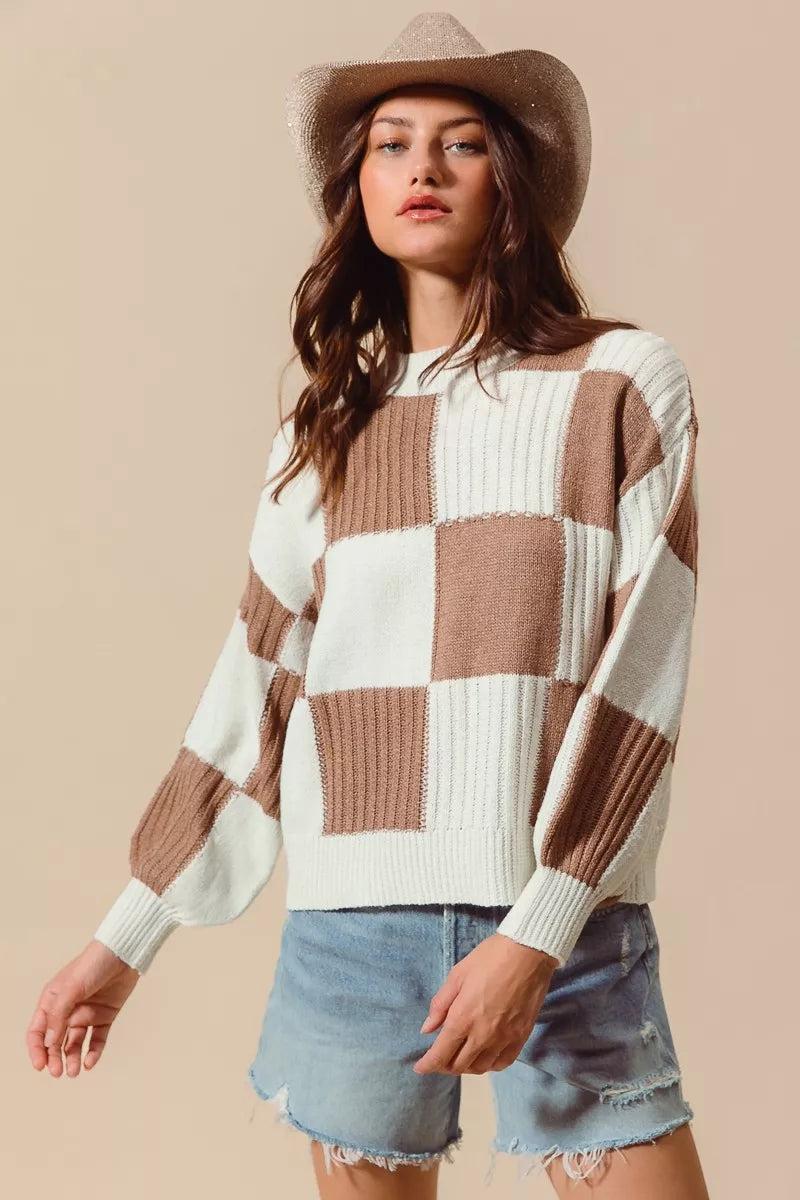 Ribbed Color Block Checkered Plaid Sweater - Sweaters