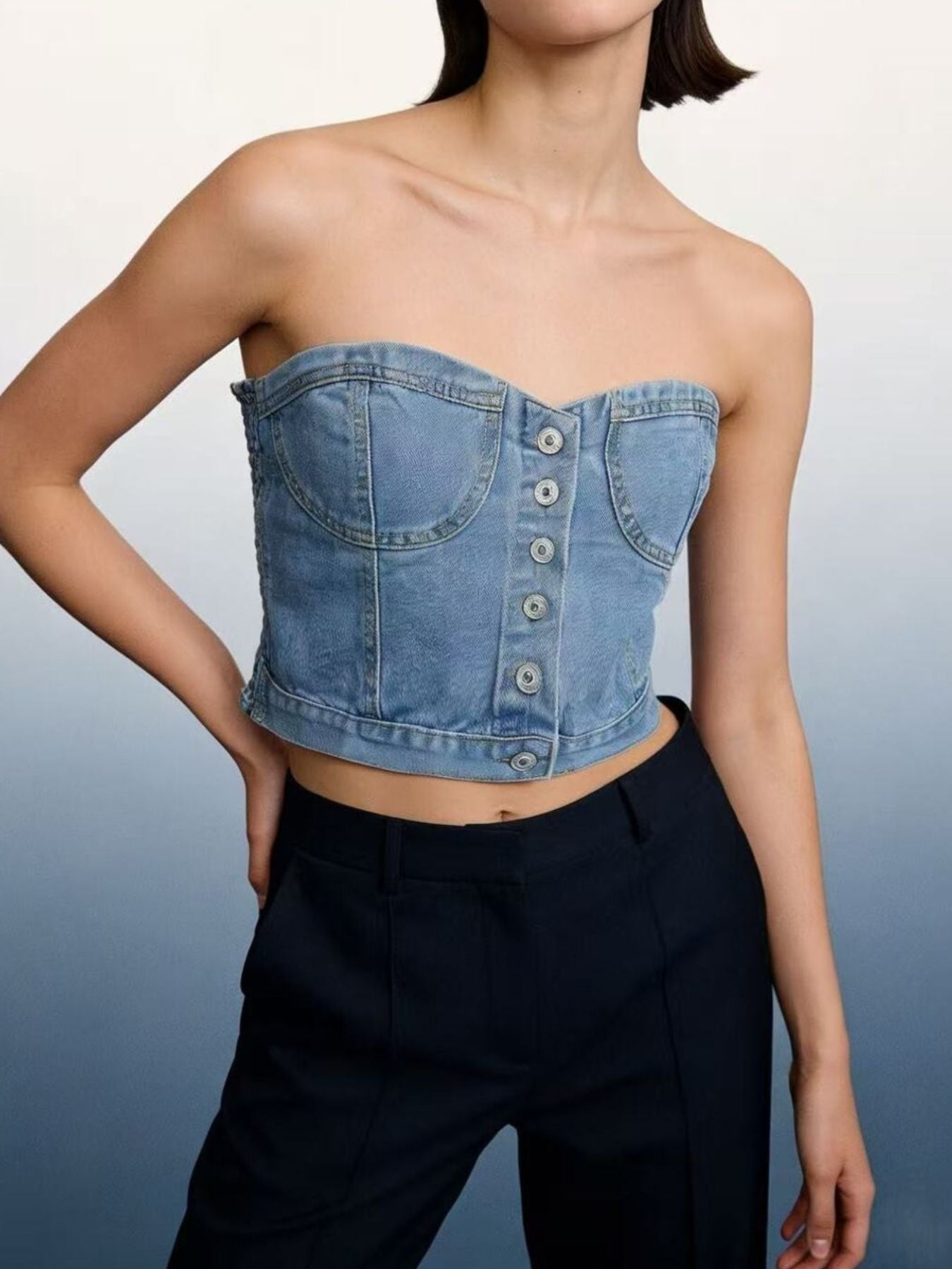 Button-Front Denim Tube Top - Tops