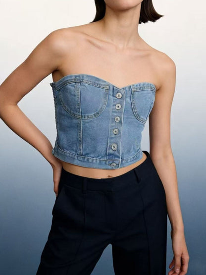 Button-Front Denim Tube Top - Tops