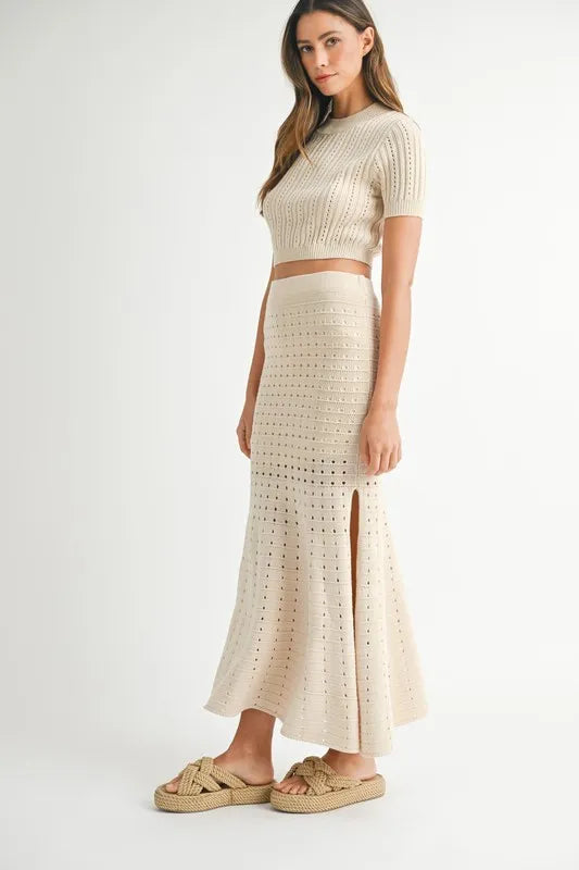 Pointelle Knit Crop Top & Front Slit Midi Skirt Sweater Set — Textured Edgy Two-Piece Style - Outfit Sets