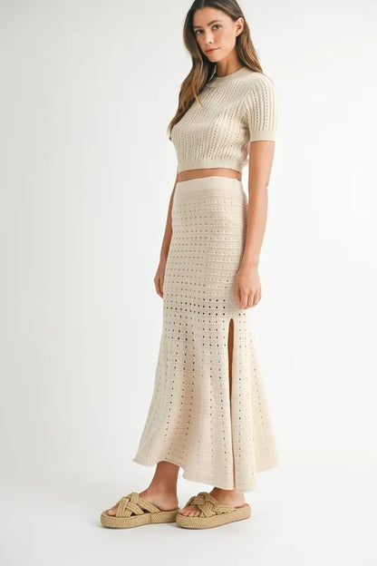 Pointelle Knit Crop Top & Front Slit Midi Skirt Sweater Set — Textured Edgy Two-Piece Style - Outfit Sets