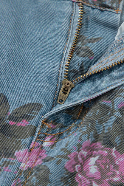 Vintage Floral Print Light Wash Bootcut Jeans — Feminine Flattering Everyday Style - Jeans