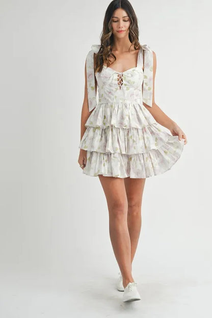 Floral Print Shoulder Tie Layered Mini Dress – outfit idea for women | Ro + Ivy