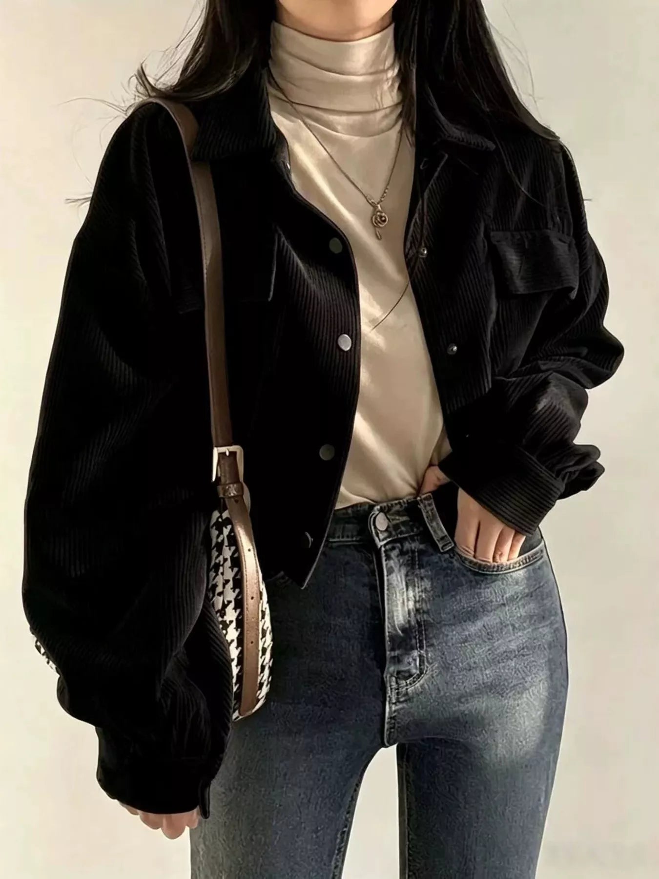 Corduroy Snap Button Cropped Jacket Black