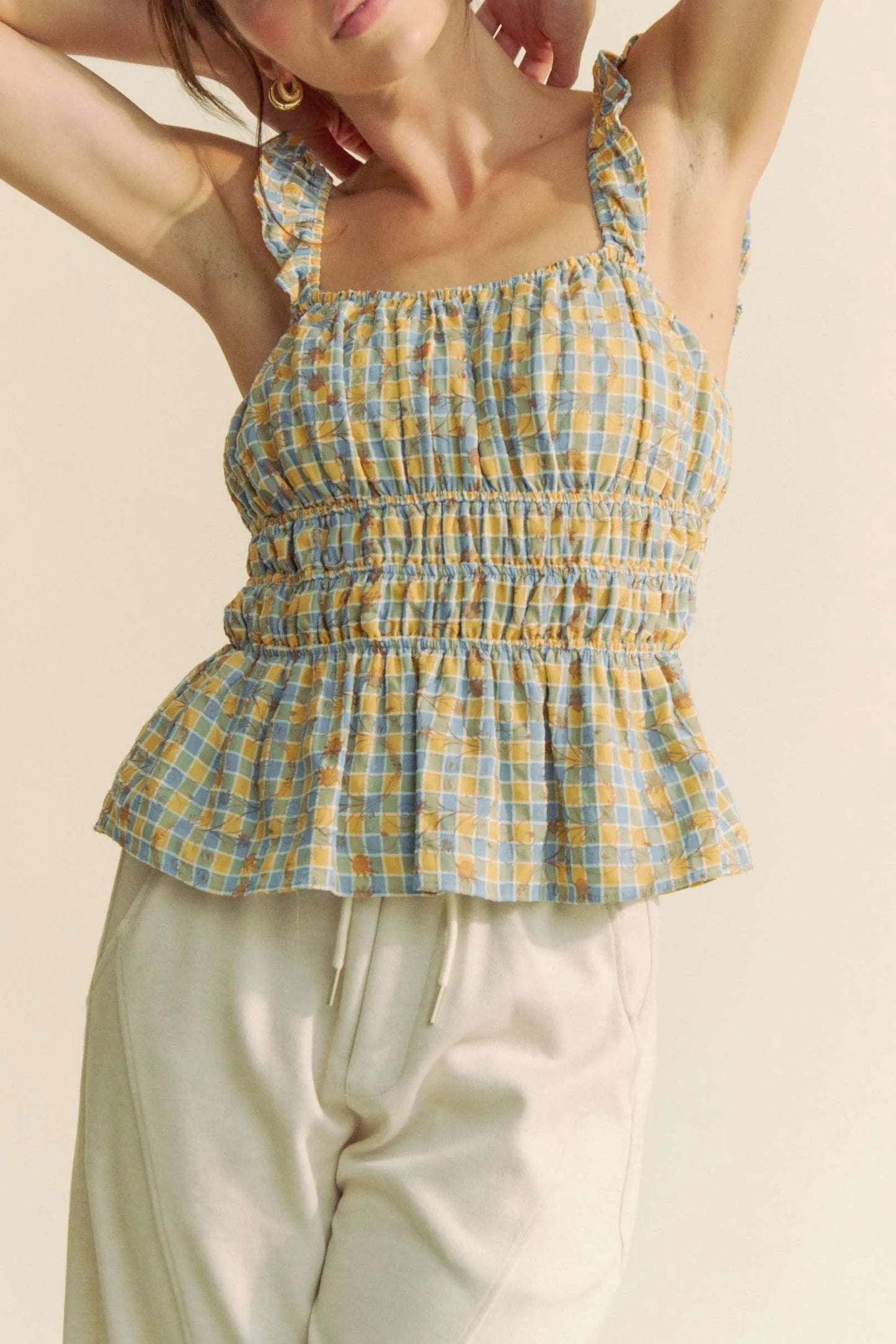 Plaid Ruffled Strap Smocked Sleeveless Top – outfit idea for women | Ro + Ivy